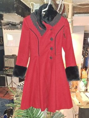 Hell Bunny XS Women’s Red Fit-and-Flare Coat with Black Trim